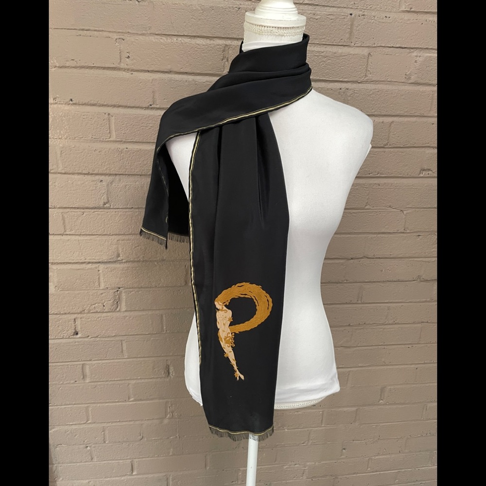Erte  vintage black print silk scarf